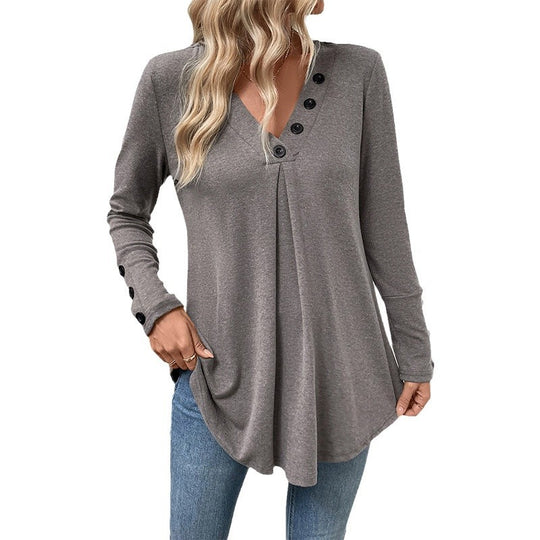 Damen Längeres V‑Ausschnitt‑Tunika‑Shirt mit Zierknöpfen, Kellerfalte und ausgestelltem Saum Shop Nory