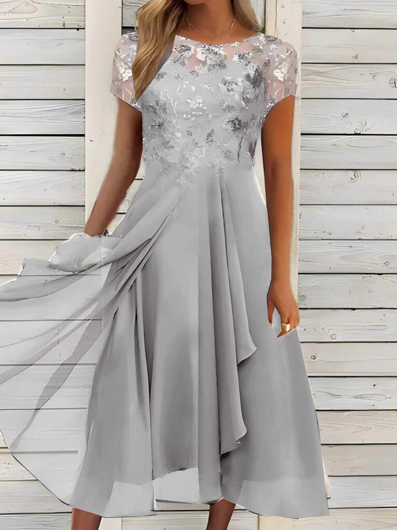 Damen nan elegantes Chiffon-Midikleid mit floraler Spitzenapplikation und fließendem Tellerrock