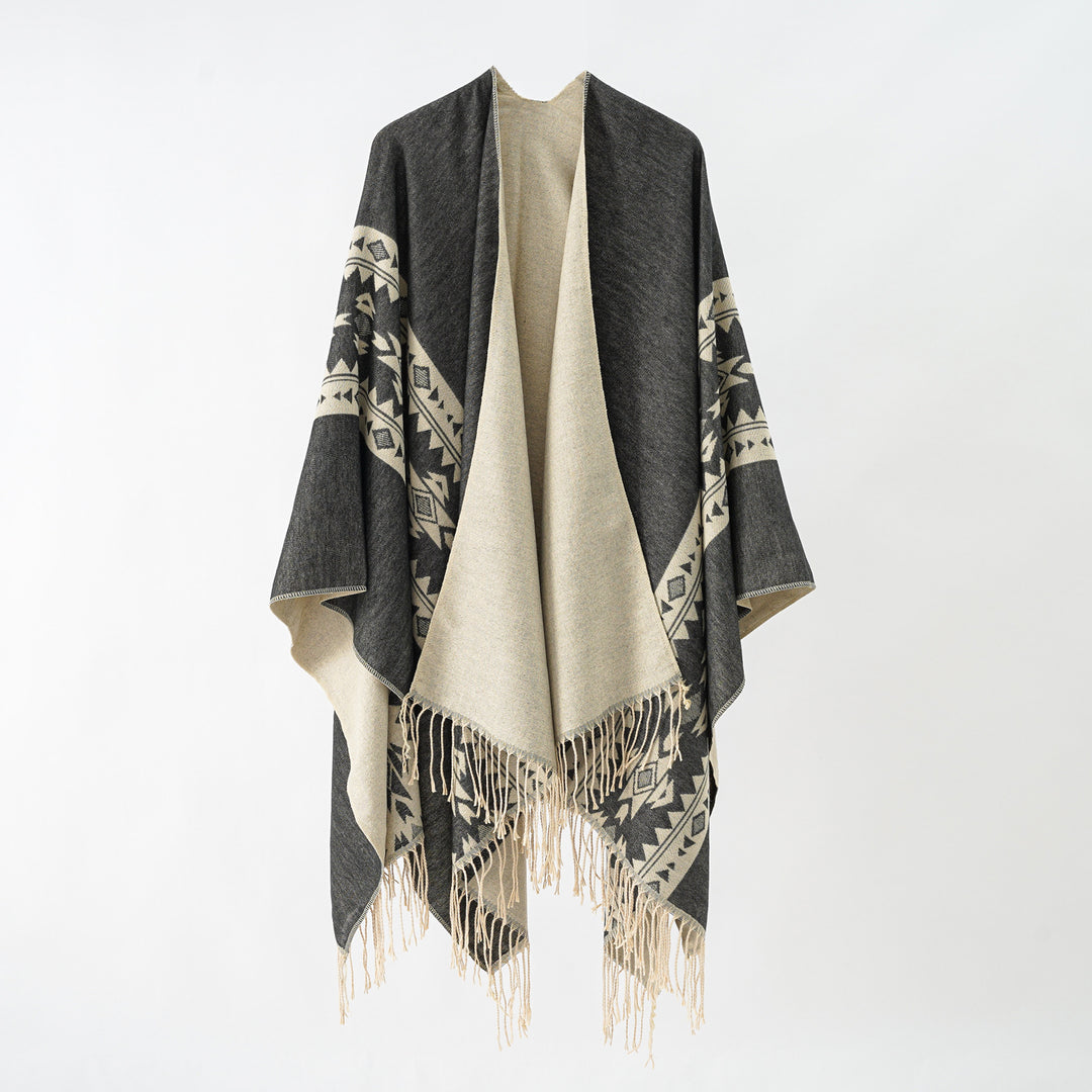 Damen Kaschmir‑Optik Überwurfponcho mit geometrischer Bordüren‑Jacquard und Fransen Shop Nory
