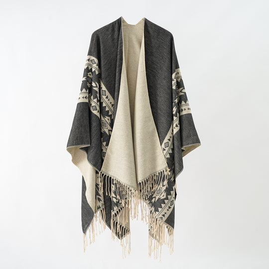 Damen Kaschmir‑Optik Überwurfponcho mit geometrischer Bordüren‑Jacquard und Fransen Shop Nory