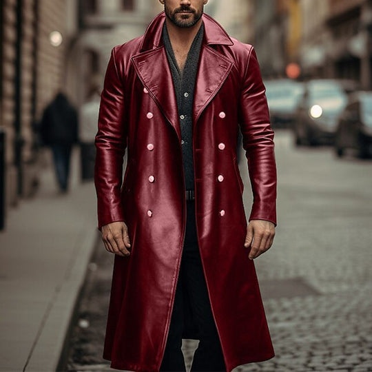 Herren Doppelreihiger Ledermantel im Trenchcoat‑Stil mit schmaler Taille Shop Nory