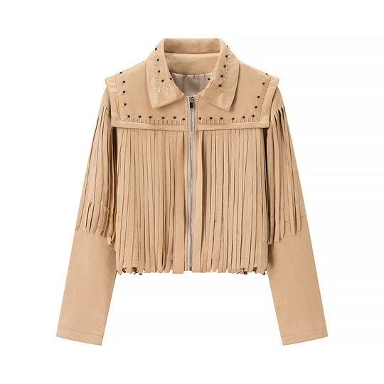 Damen Kurze Fransenjacke aus Wildlederoptik mit Reißverschluss und Nietenbesatz Shop Nory