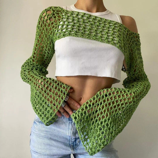 Damen gehäkelter kurzer Bolero mit asymmetrischem Schulterauschnitt und ausgestellten Ärmeln Shop Nory
