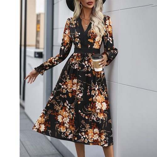 Damen Midikleid mit tailliertem Bund, V‑Ausschnitt, langen Ärmeln und floralem Allover‑Print Shop Nory