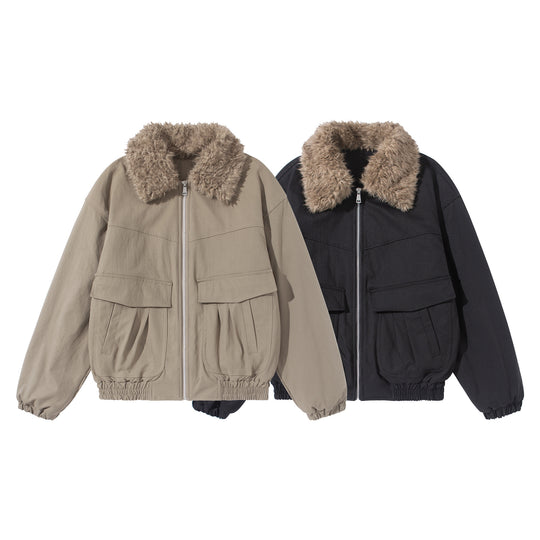 Damen Kurzblouson mit voluminösem Faux‑Fur‑Kragen, Känguru‑Taschen und elastischem Saum Shop Nory