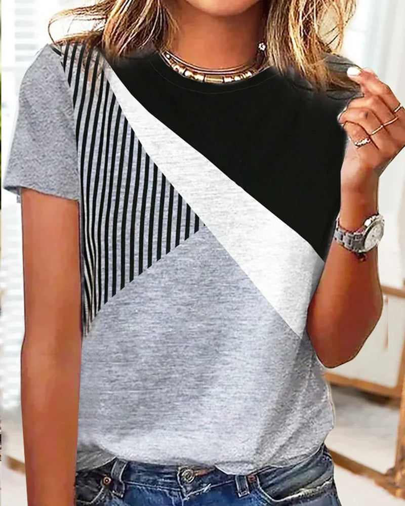 Damen Farbblock Langarmshirt mit schrägem Streifenmuster und Rundhalsausschnitt Shop Nory