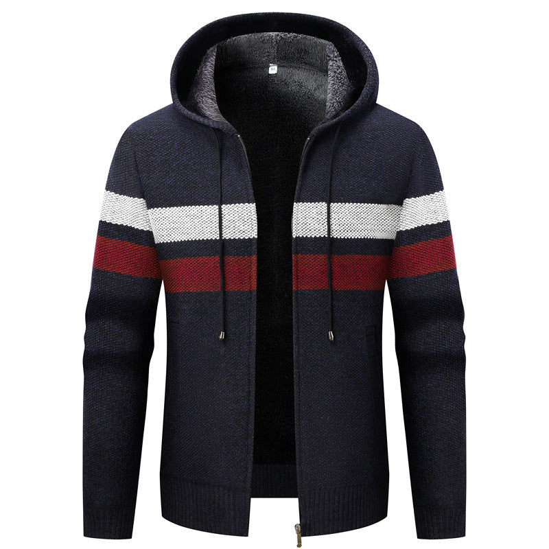Herren Strick-Ziphoodie mit Teddyfutter, durchgehendem Reißverschluss und Blockstreifen Shop Nory