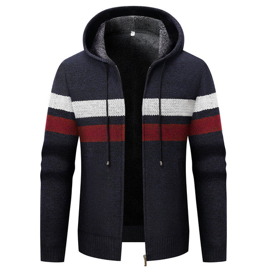 Herren Strick-Ziphoodie mit Teddyfutter, durchgehendem Reißverschluss und Blockstreifen Shop Nory