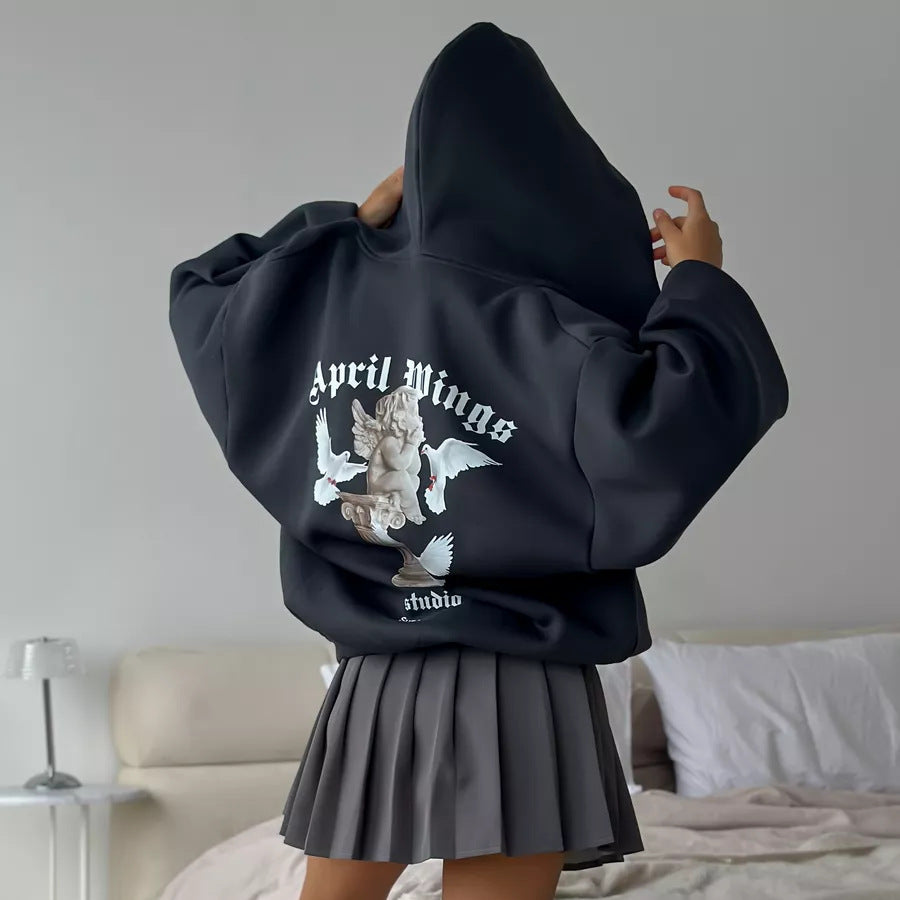 Damen oversized Kapuzenpullover mit Engels-Print und kunstvollem Rückendruck Shop Nory