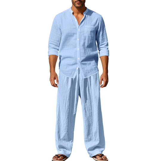 Herren nan legeres Leinen-Relax-Set mit Stehkragen-Hemd und weitem Kordelbund-Hose Shop Nory