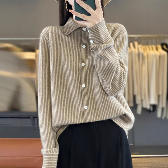 Damen Leichtes Feinstrick-Hemd mit Polokragen und feinen Längsstreifen Shop Nory