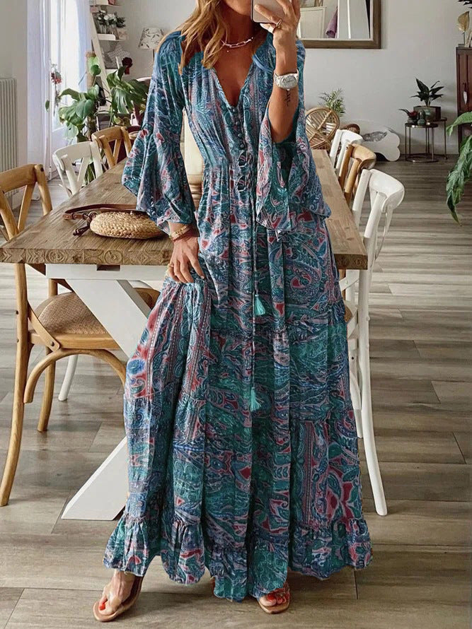 Damen Boho Maxikleid mit Paisley-Print, V-Ausschnitt, Stufenrock und Bindegürtel Shop Nory