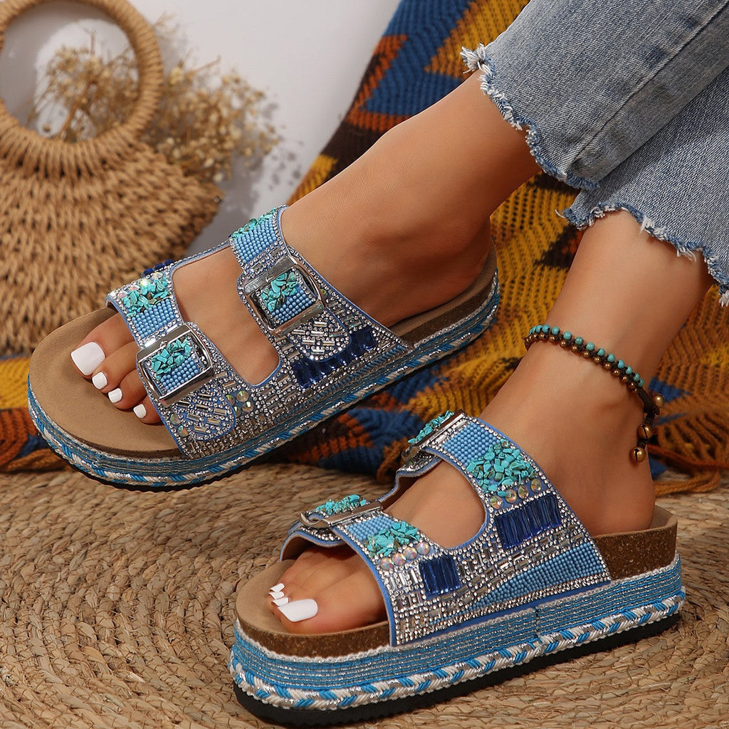 Damen Dekorative Zehentrenner-Sandalen mit breiten Riemen und funkelnden Akzenten
