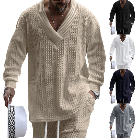 Herren Zopfstrick-Loungewear-Set mit tiefem V-Ausschnitt, Relaxed-Fit & Kordelhose Shop Nory