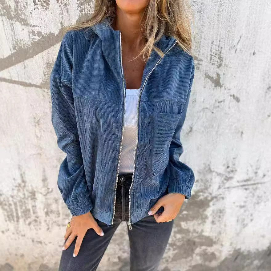 Damen nan Feincord-Übergangsjacke mit Kapuze, Reißverschluss, elastischen Bündchen und seitlichen Eingrifftaschen Shop Nory