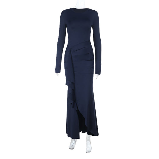 Damen Elegantes Abend-Maxikleid mit langen Ärmeln, figurbetonter Silhouette und seitlichem Volant Shop Nory