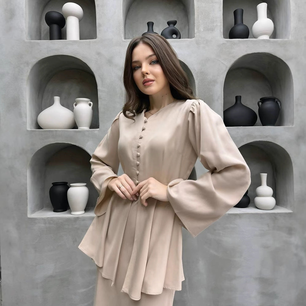 Damen Elegantes Kleid mit Rüschendetails und Knopfleiste