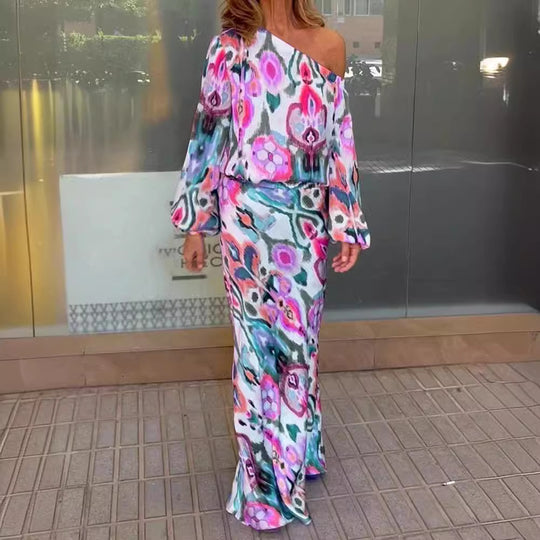 Damen Maxikleid mit asymmetrischer Ein-Schulter, fließendem Satin und Glockenärmeln Shop Nory