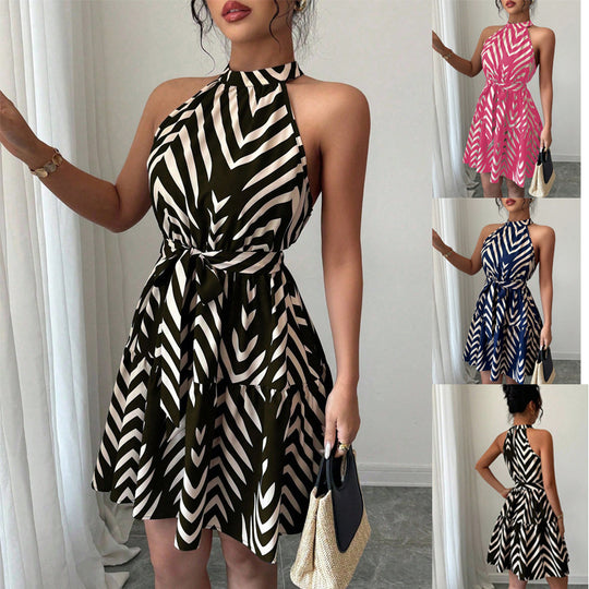 Damen Gestuftes Chiffon‑Sommerkleid mit Neckholder, Taillengürtel und grafischem Print Shop Nory
