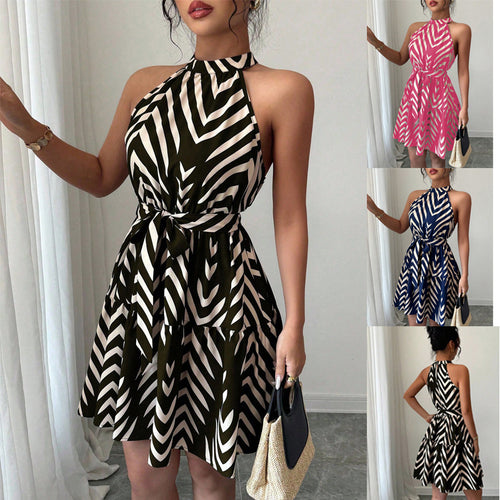 Damen Gestuftes Chiffon‑Sommerkleid mit Neckholder, Taillengürtel und grafischem Print Shop Nory