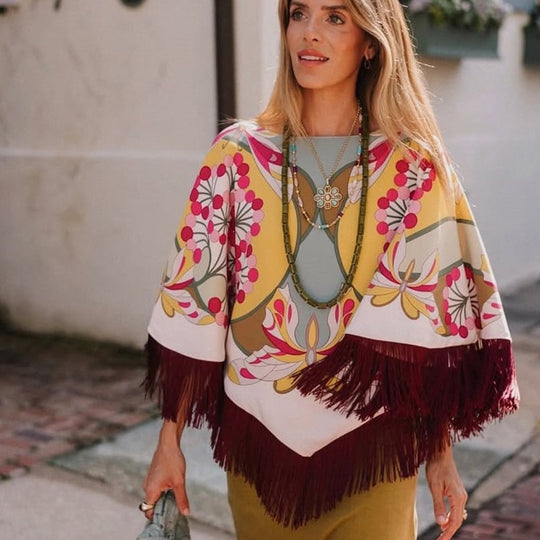 Damen Seiden-Print Poncho mit retro-floralem Muster und langen Fransen Shop Nory