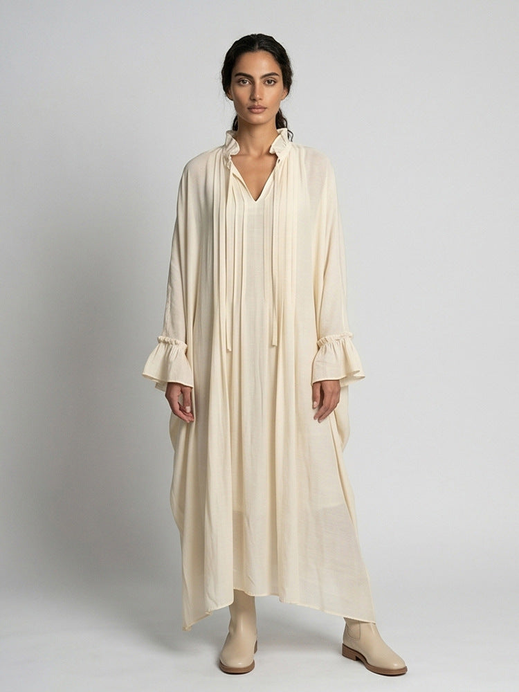 Damen Maxikleid im Kaftan-Stil mit Rüschenkragen, Bindebändern und voluminösen Ärmeln Shop Nory