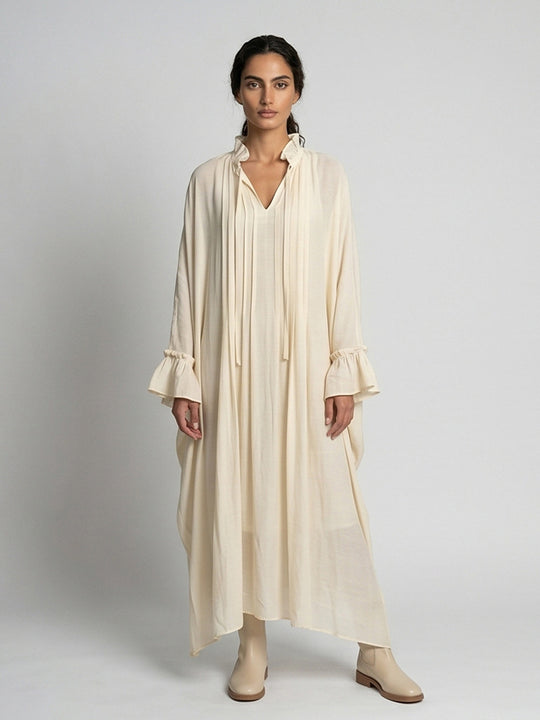 Damen Maxikleid im Kaftan-Stil mit Rüschenkragen, Bindebändern und voluminösen Ärmeln Shop Nory