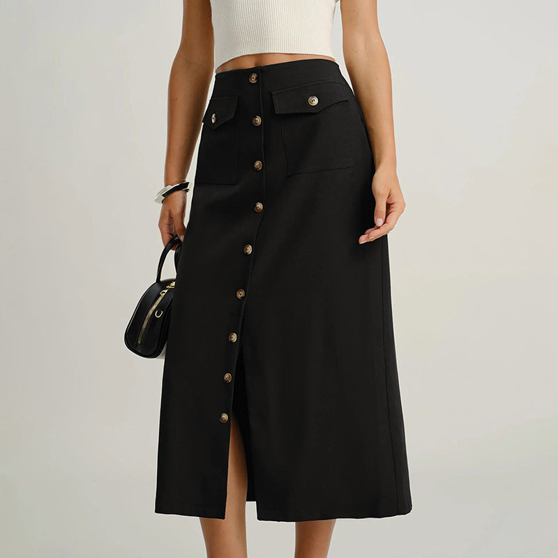 Damen Midirock mit durchgehender Knopfleiste, hoher Taille und aufgesetzten Taschen Shop Nory