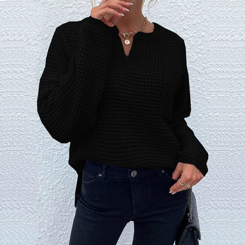 Damen Waffelstrick-Pullover mit V-Schlitz, oversized Schnitt und Ballonärmeln Shop Nory