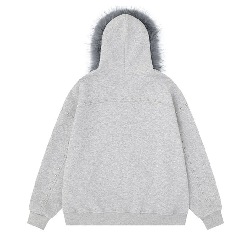 Damen Kapuzen-Sweatjacke mit Kunstfellbesatz, Leo-Innenfutter und Zier-Nieten Shop Nory