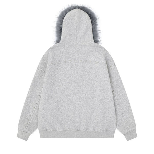 Damen Kapuzen-Sweatjacke mit Kunstfellbesatz, Leo-Innenfutter und Zier-Nieten Shop Nory