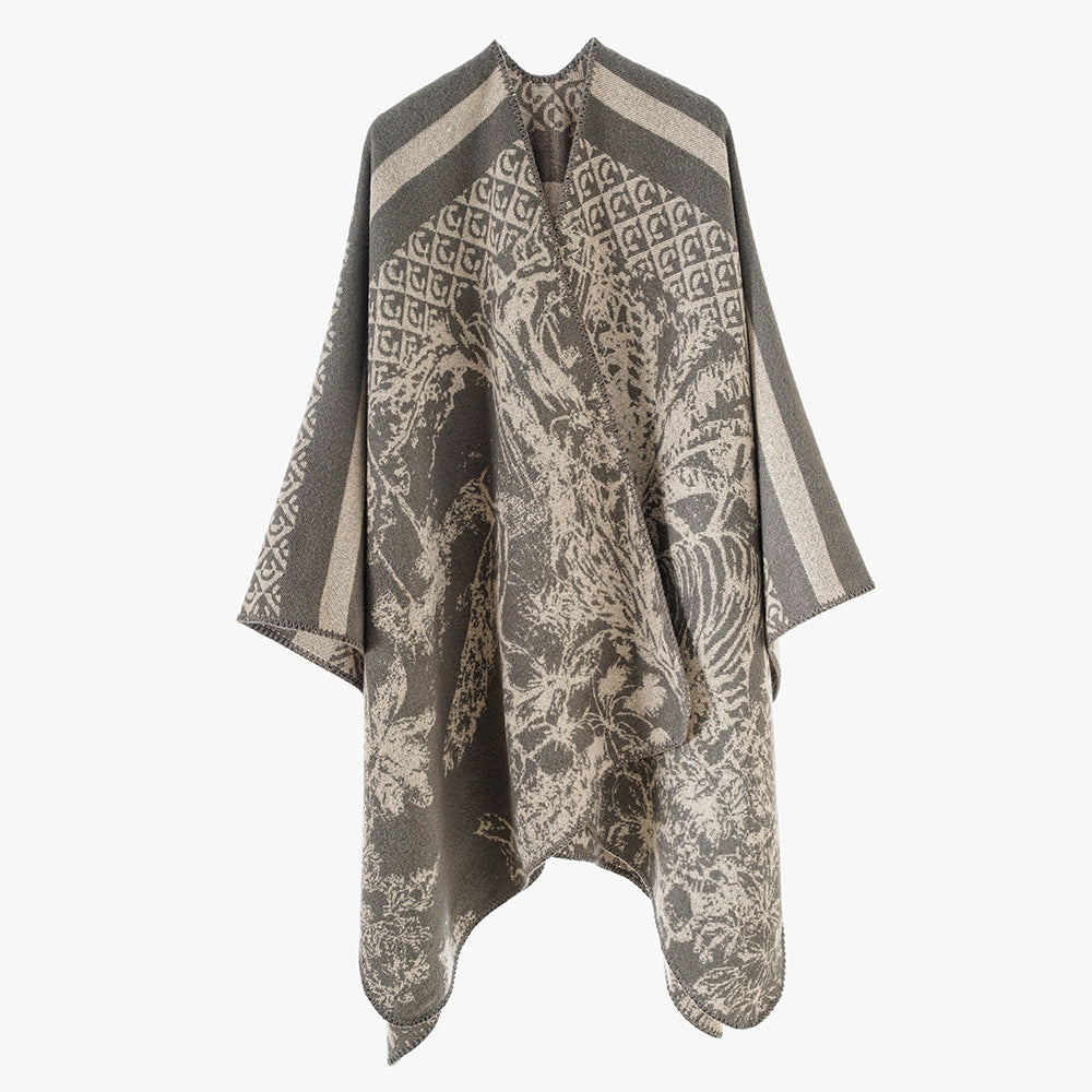 Damen Jacquard-Strickcape mit Stehkragen und grafischem Waldmotiv Shop Nory