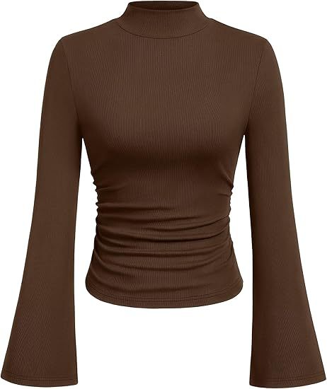 Damen Geripptes Langarm-Top mit Stehkragen, Trompetenärmeln und tailliertem Schnitt Shop Nory