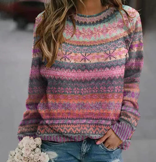 Damen gemusterter Strickpullover mit Rundhalsausschnitt, Fair Isle Muster und lässigem Oversized-Schnitt Shop Nory