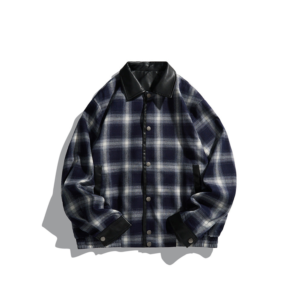 Herren Karierte Overshirt‑Jacke aus Flanell mit Kunstleder‑Details und Druckknopfleiste Shop Nory