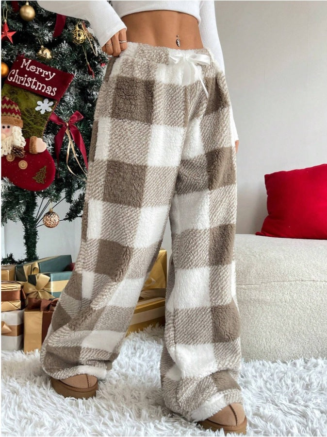 Damen nan kuschelige karierte Fleece-Hose mit Tunnelzugbund und weitem Bein Shop Nory
