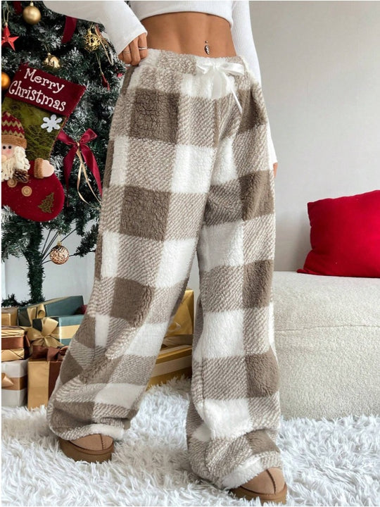 Damen nan kuschelige karierte Fleece-Hose mit Tunnelzugbund und weitem Bein Shop Nory