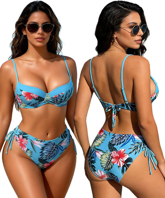 Trendiger, bedruckter, sexy Neckholder-Bikini mit Schlitz