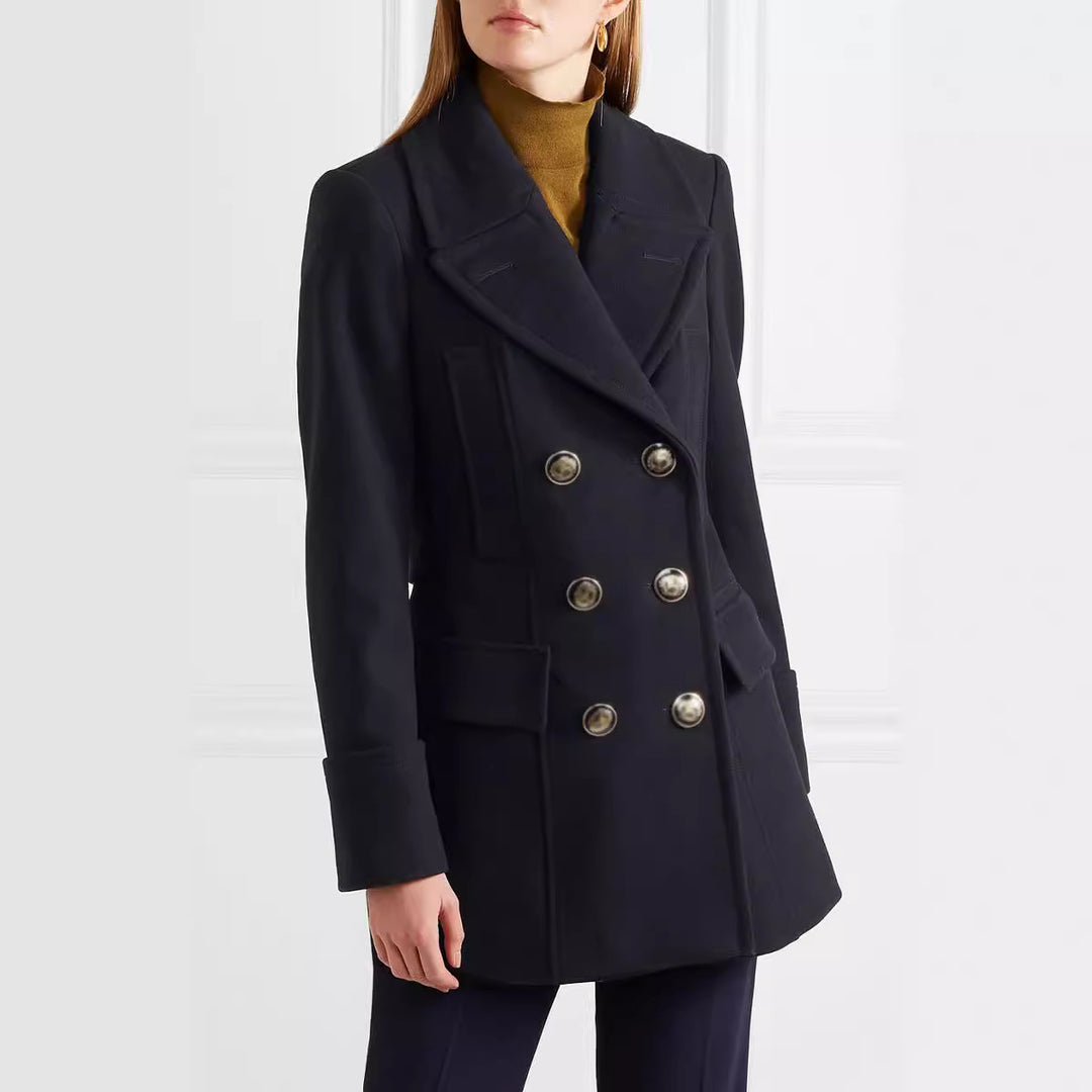 Damen Eleganter taillierter Midilanger Doppelreiher-Blazermantel mit markanter Schulter und Zierrundknöpfen Shop Nory