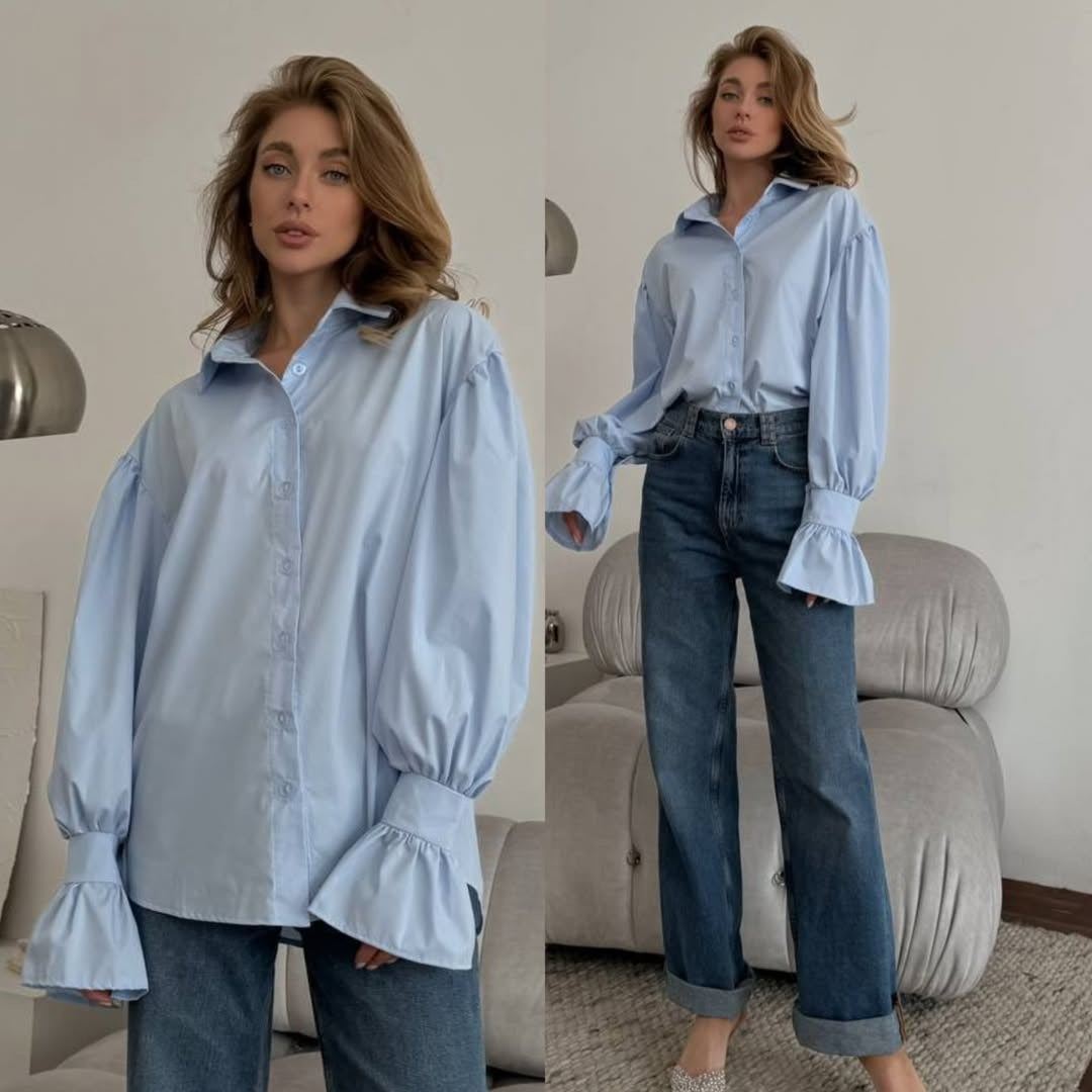 Damen Oversized-Bluse mit Volant-Manschetten und Ballonärmeln Shop Nory