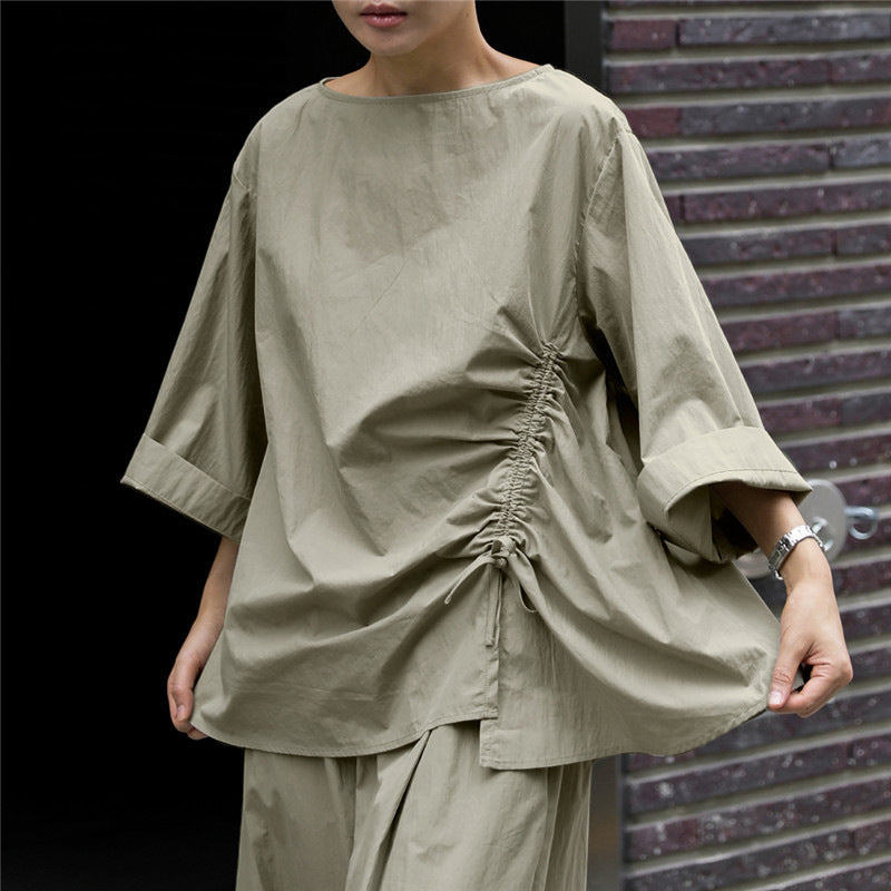 Damen Oversize-Bluse mit seitlicher Kordel‑Raffung, U‑Boot‑Ausschnitt und weiten Ärmeln Shop Nory