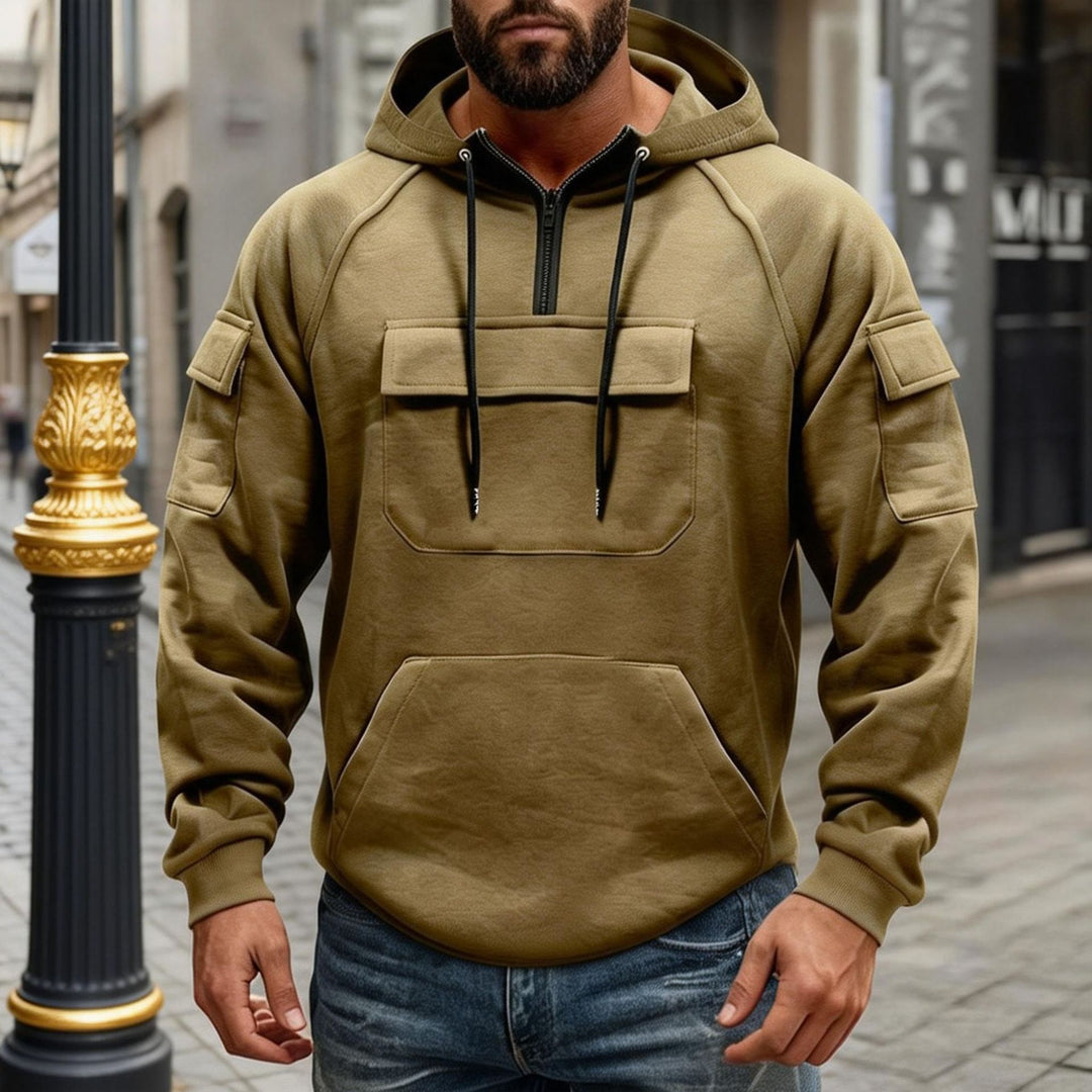 Herren funktionaler Kapuzenpullover mit halbem Frontreißverschluss, aufgesetzter Fronttasche mit Klappe und Kängurutasche Shop Nory