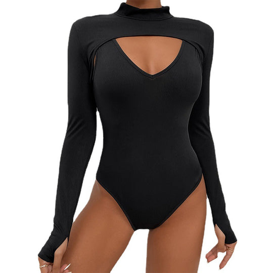 Damen Figurbetontes Ripp-Body mit Cut-Out, Stehkragen und langen Ärmeln Shop Nory