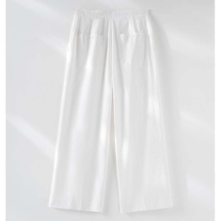 Damen Culotte-ähnliche Leinenhose mit Tunnelzug, Bundfalten und geradem Bein Shop Nory