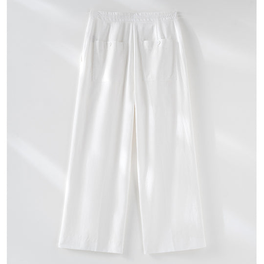 Damen Culotte-ähnliche Leinenhose mit Tunnelzug, Bundfalten und geradem Bein Shop Nory
