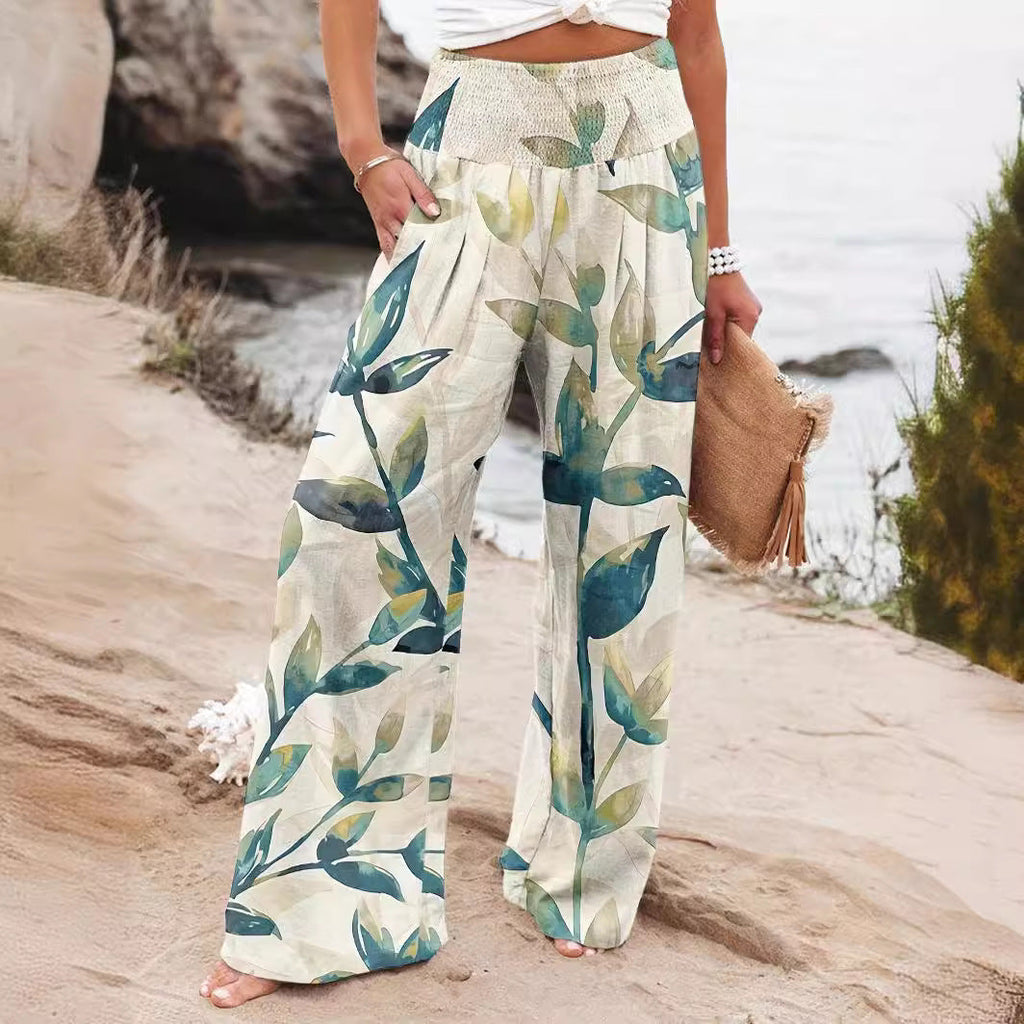 Damen Weit geschnittene Strandhose mit floralem Motiven und elastischem Bund