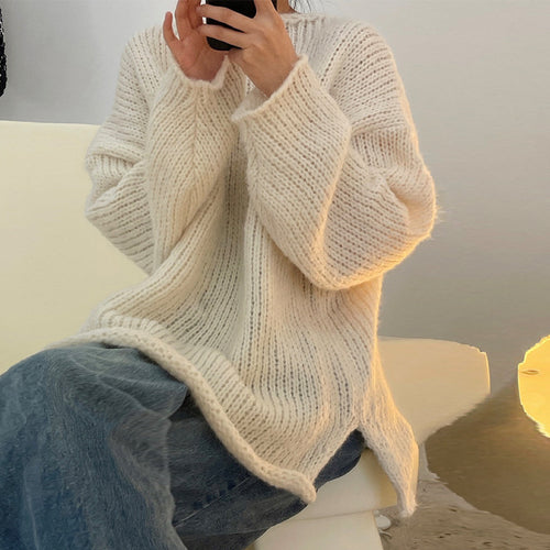 Damen Grobgestrickter Oversize-Pullover mit Rundhalsausschnitt und verlängertem Saum Shop Nory