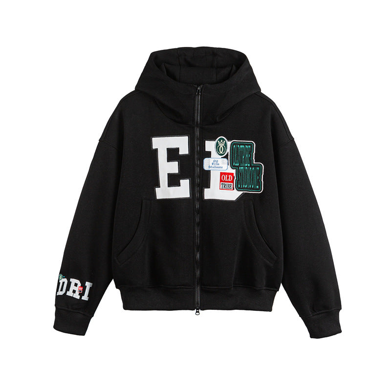 Unisex Oversize Kapuzenzipjacke mit Collegiate‑Patches Shop Nory