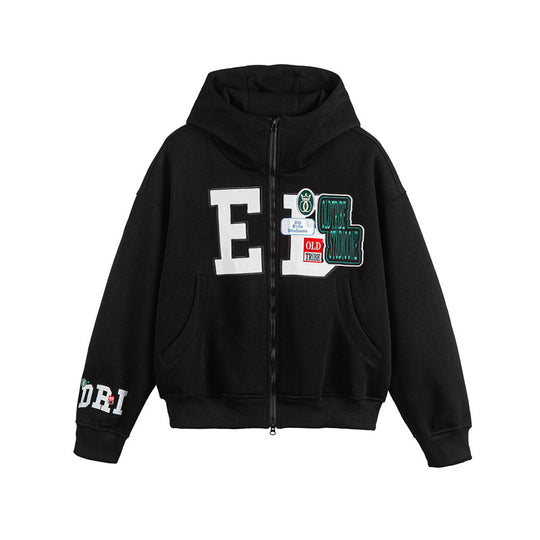 Unisex Oversize Kapuzenzipjacke mit Collegiate‑Patches Shop Nory