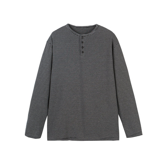 Unisex Gestreiftes Henley-Langarmshirt mit Knopfleiste und Oversize-Schnitt Shop Nory